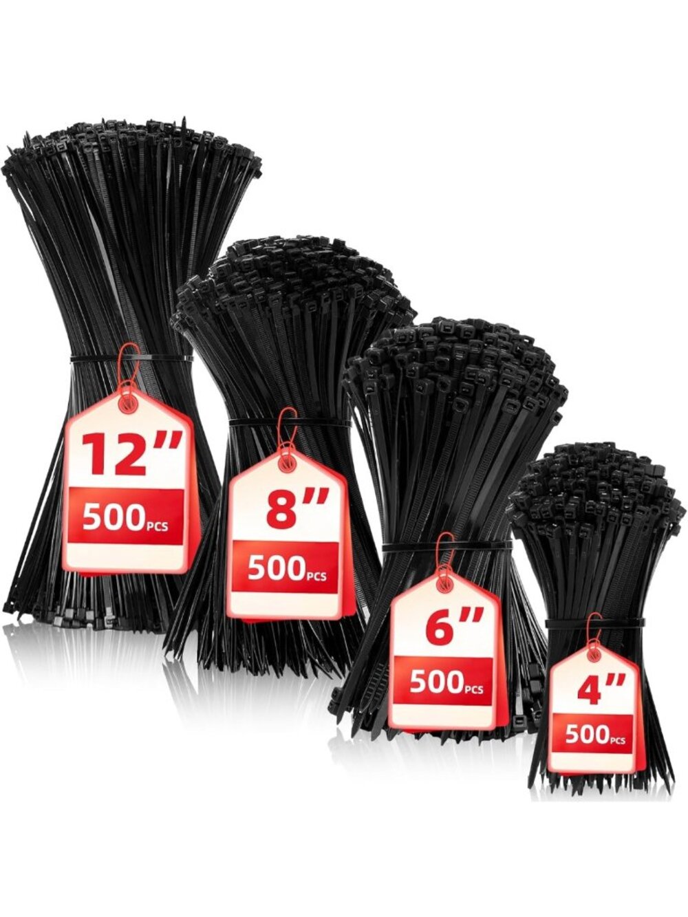 Assorted Zip Ties 2000 Pack - Black Nylon Cable Ties for Cord Management